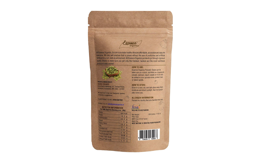 Essence Organics Ancient Superfood Pumpkin Seeds    Pack  500 grams